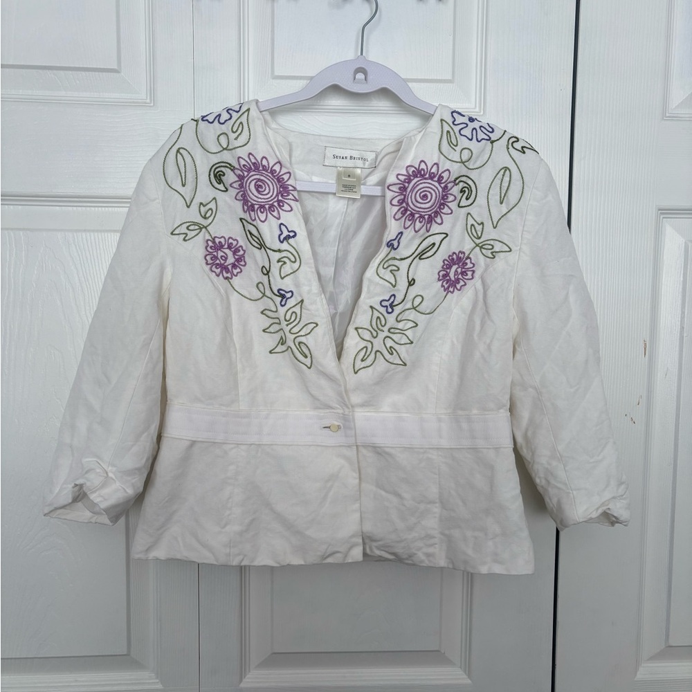 Susan Bristol Cream Jacket with Purple Floral Embroidery